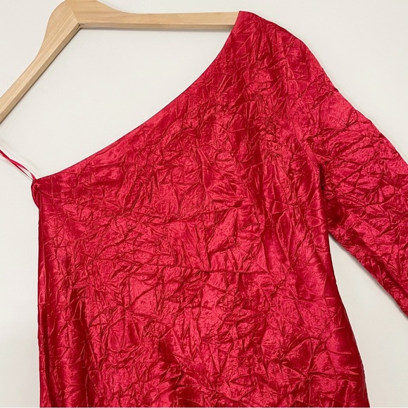 Third Form x Free People Red Crinkle Satin Running Water One Shoulder Mini dress - Picture 5 of 12